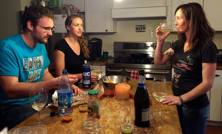 Jonathon, Soskia and Gina, chowing down on Mexican food and Prosecco. 